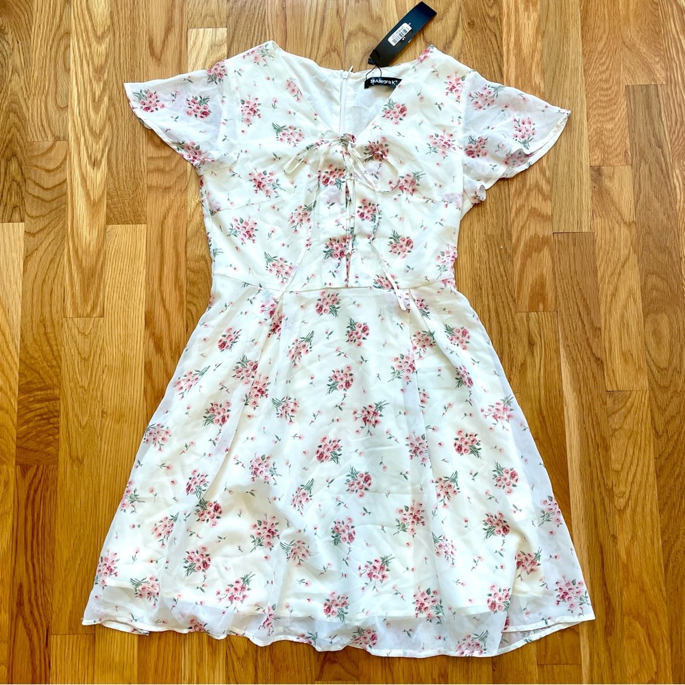 NWT | Allegra K | Floral Lace-up Chiffon Dress | XS - Picture 3 of 15